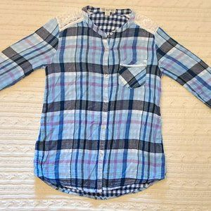 Vintage America Blues Lightweight Flannel Button-Up Shirt Blue Plaid Lace